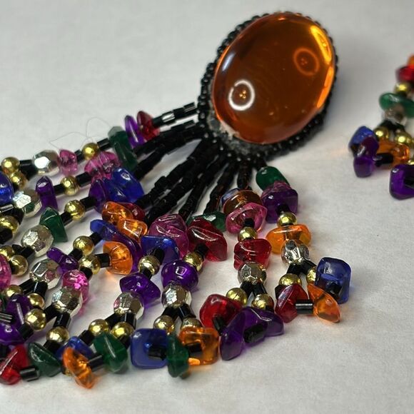 Orange acrylic and black multicolored seed bead statement dangle earrings - Picture 2 of 7